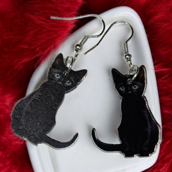 Black Cat 🐈‍⬛ Earrings Gothic Dangle Shiny Acrylic Bad Luck Kitty Cute Creepy - Picture 9 of 9